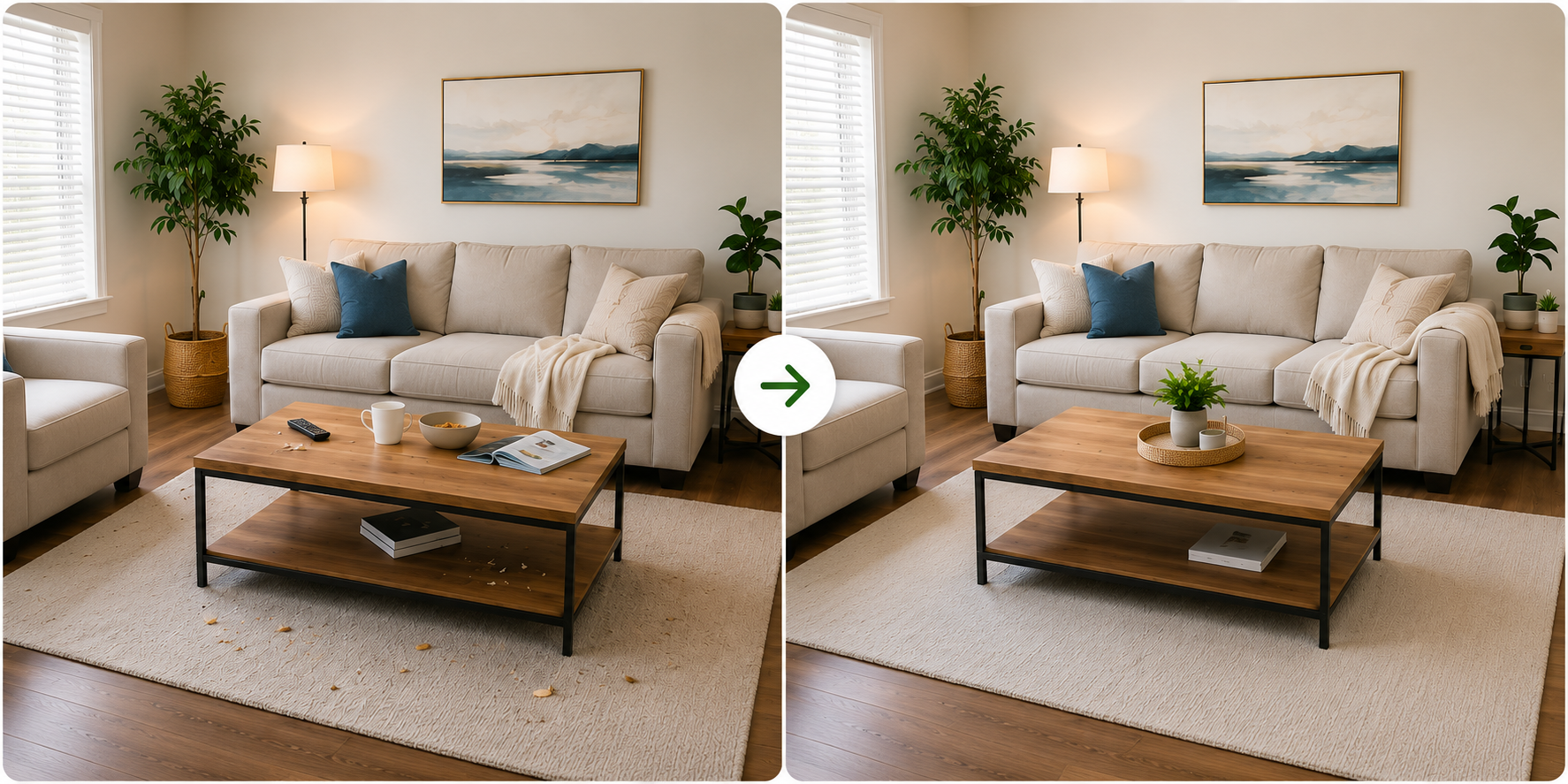 Living room before and after cleaning by Loonie Cleaning Services